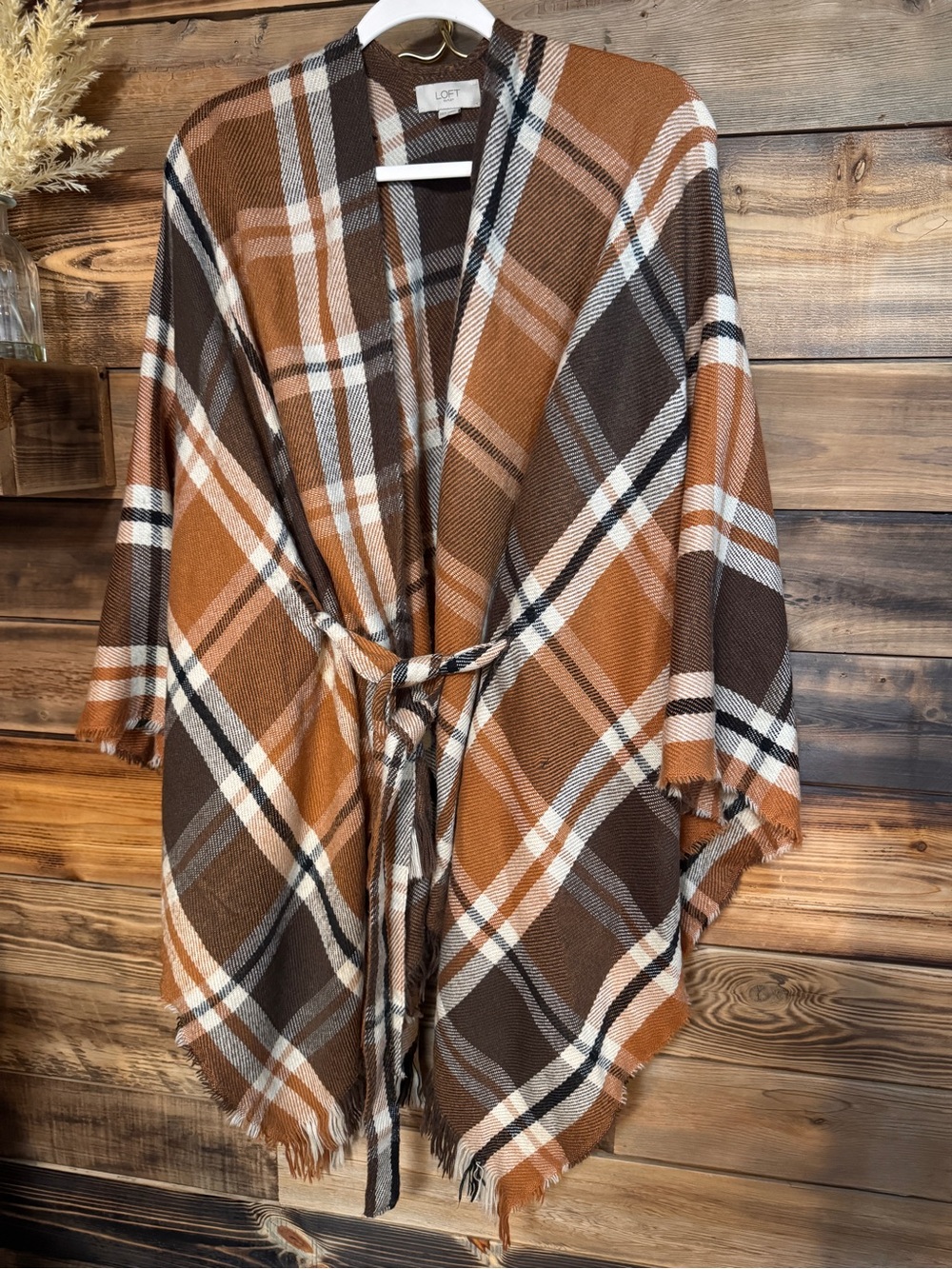LOFT Outlet Plaid Flannel Belted Fringe Wrap Poncho | Size XS - XL